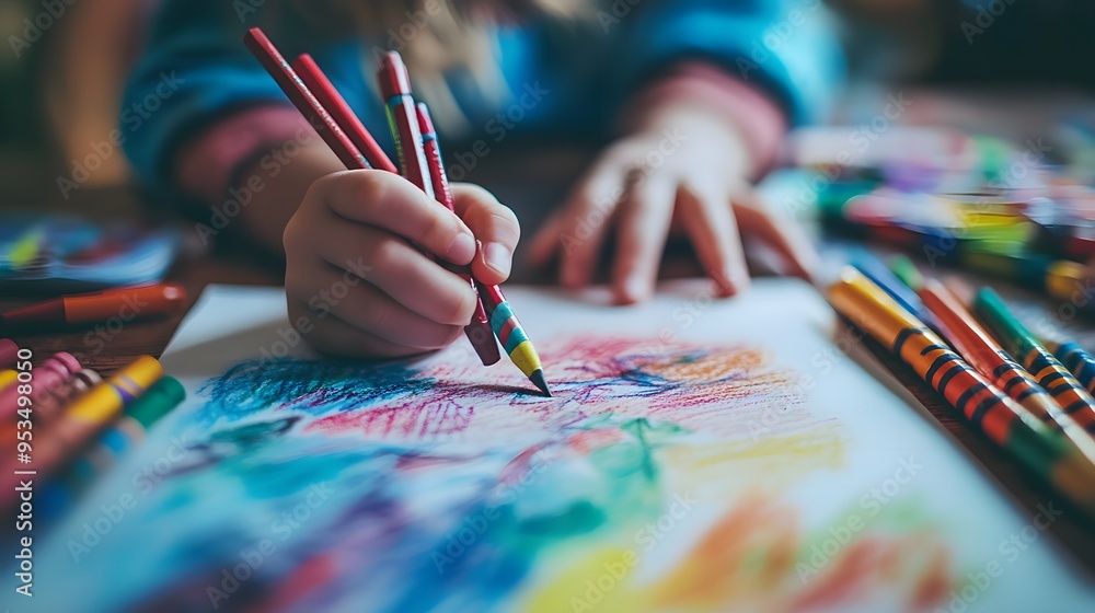A child's hand carefully colors a page with a variety of colored pencils, creating a bright and colorful drawing. A child's hand carefully colors a page with a variety of colored pencils, creating a bright and colorful drawing.
