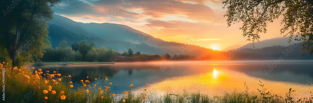 Fototapeta premium Sunrise Over the Mountain Lake