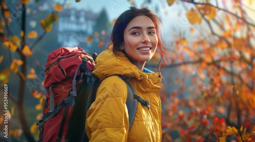 Beautiful lady is trekking at the park, wearing trekking gears, smiling