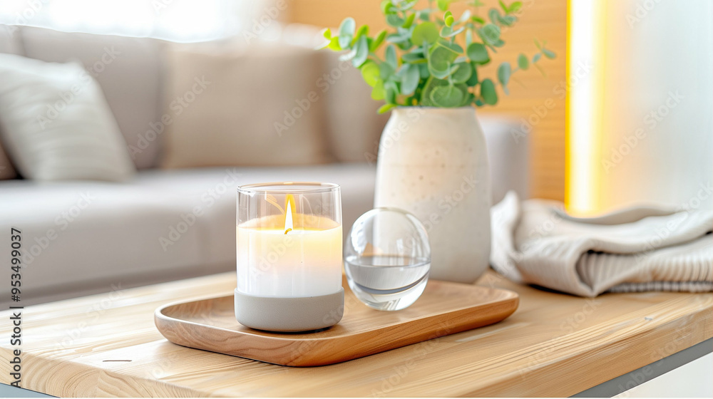 Obraz premium Candle light illuminating home decor with modern tray and greenery