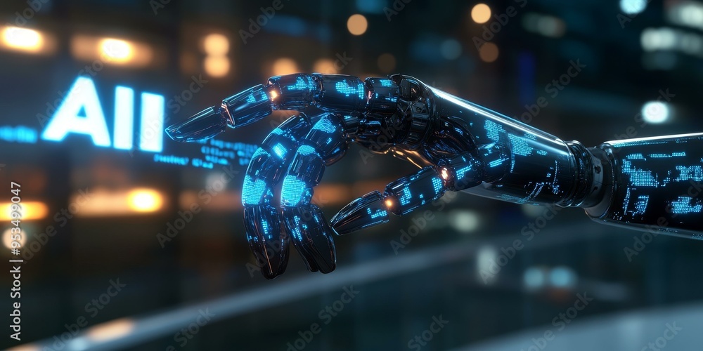 A robotic hand reaches for the word AI. A robotic hand reaches for the word AI.
