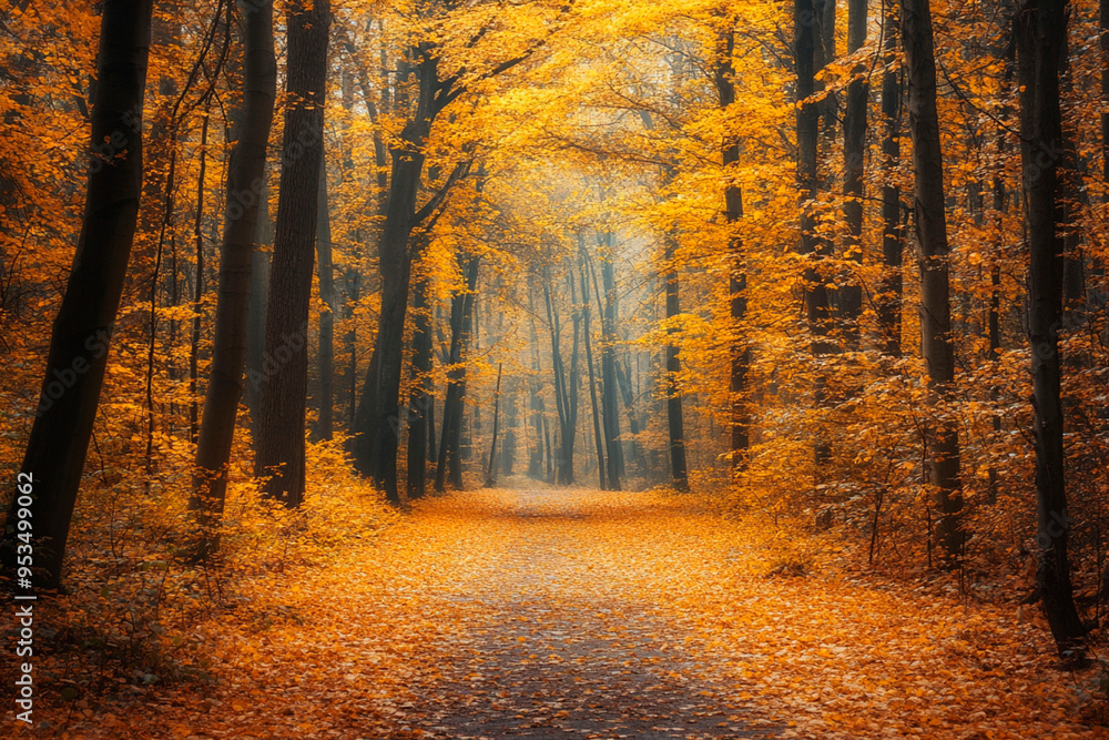 Fototapeta premium Misty autumn forest path covered in vibrant orange leaves, surrounded by tall trees with golden foliage