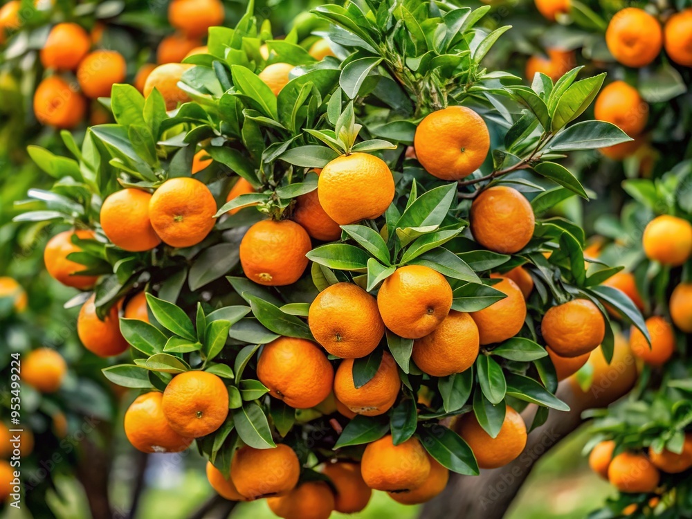 A mature, deciduous satsuma orange tree stands tall, its twisted branches heavy with vibrant green leaves and fragrant oranges in various stages of ripeness. A mature, deciduous satsuma orange tree stands tall, its twisted branches heavy with vibrant green leaves and fragrant oranges in various stages of ripeness.