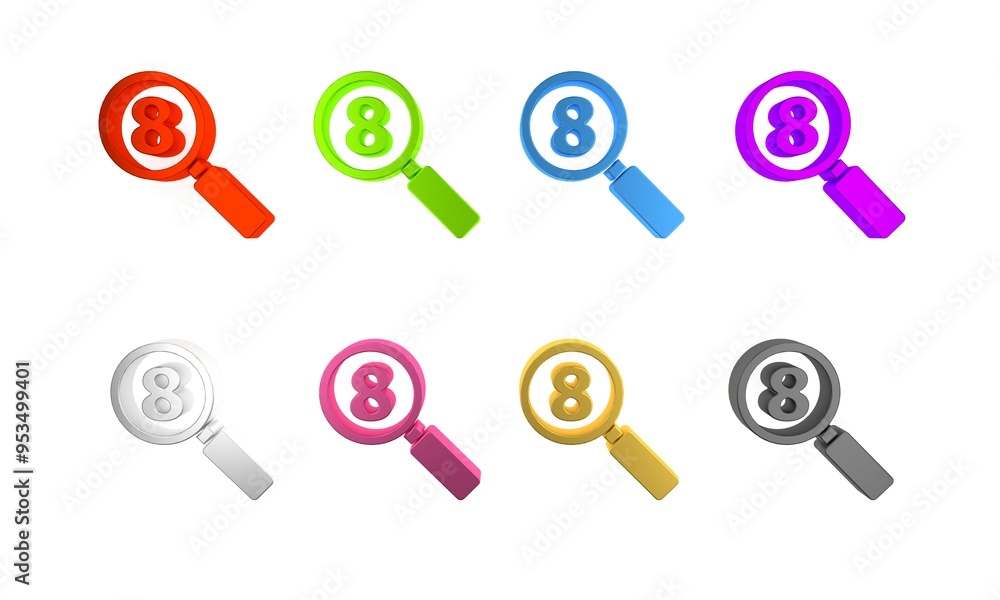 Colorful Search 8 March icon isolated on white background. Magnifying glass sign. International Happy Women Day. Minimalism concept. 3D render illustration Colorful Search 8 March icon isolated on white background. Magnifying glass sign. International Happy Women Day. Minimalism concept. 3D render illustration