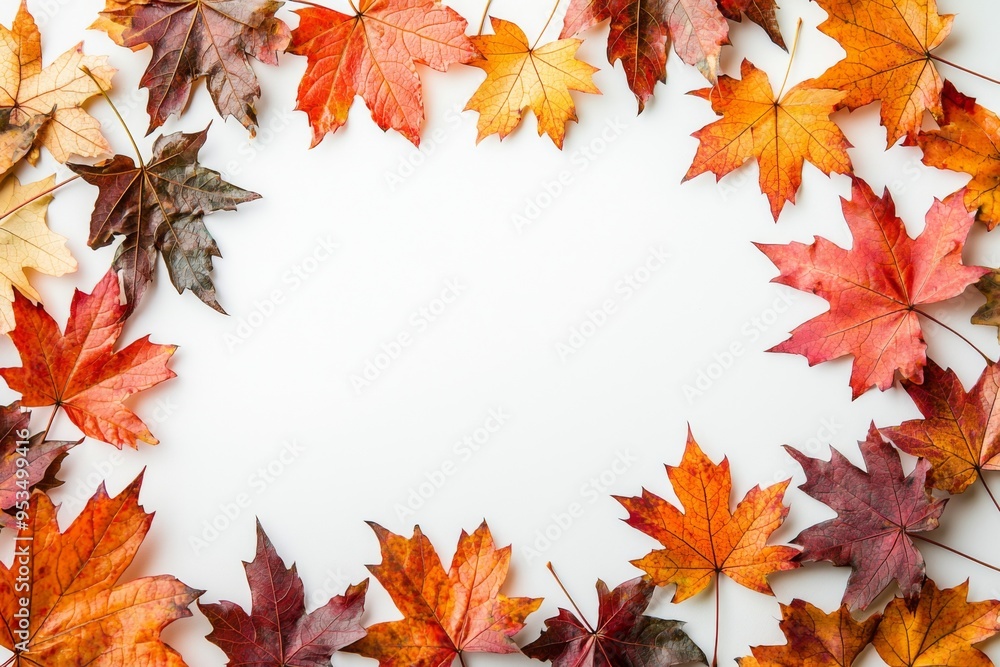Autumn Maple Leaves Flat Lay White Background created with Generative AI Autumn Maple Leaves Flat Lay White Background created with Generative AI