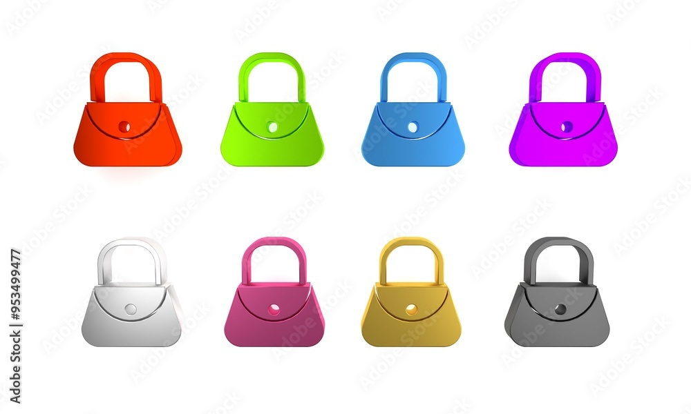 Colorful Handbag icon isolated on white background. Female handbag sign. Glamour casual baggage symbol. Minimalism concept. 3D render illustration Colorful Handbag icon isolated on white background. Female handbag sign. Glamour casual baggage symbol. Minimalism concept. 3D render illustration
