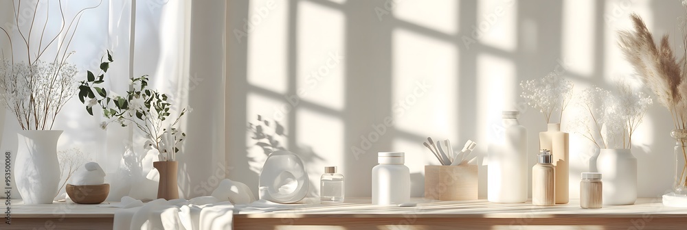 A minimalist styled windowsill with white and beige decor, featuring vases with dried flowers, and bottles. Sunlight casts shadows on the wall. A minimalist styled windowsill with white and beige decor, featuring vases with dried flowers, and bottles. Sunlight casts shadows on the wall.