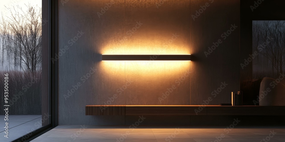 Minimalist interior with a light fixture and a shelf. Minimalist interior with a light fixture and a shelf.