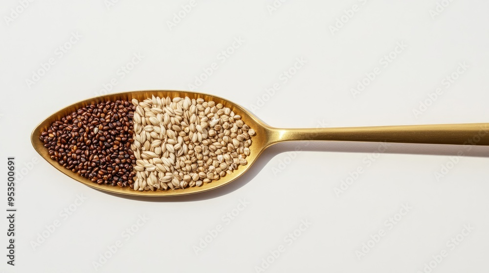Various grains, such as barley, quinoa, millet, Job's tears, and bulgur wheat, are displayed on a golden brass spoon against Various grains, such as barley, quinoa, millet, Job's tears, and bulgur wheat, are displayed on a golden brass spoon against