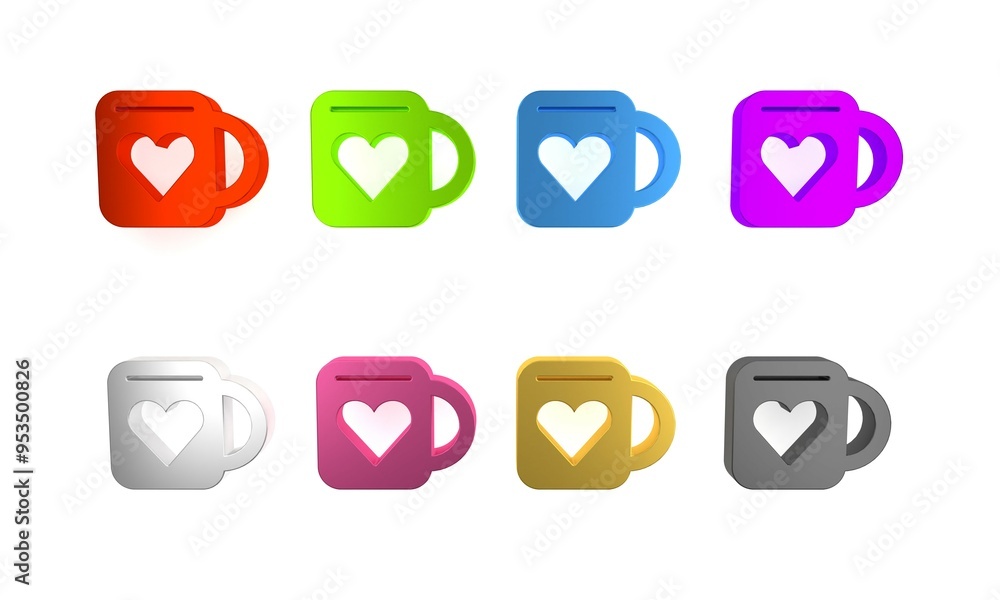 Colorful Coffee cup and heart icon isolated on white background. Couple coffee for lovers on Valentines Day. Minimalism concept. 3D render illustration Colorful Coffee cup and heart icon isolated on white background. Couple coffee for lovers on Valentines Day. Minimalism concept. 3D render illustration
