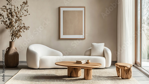 Interior design of modern living room with accent white armchair and frame on wall,White sofa and accent coffee table against arch wall,japandi interior design of modern living room, Minimalist, Ai