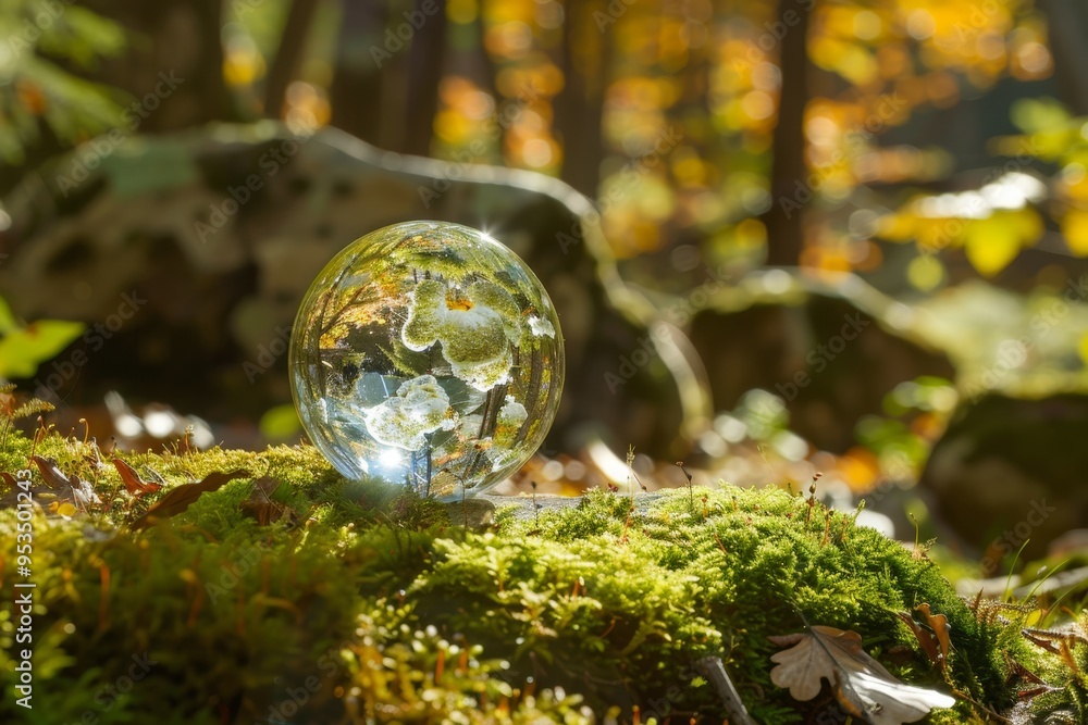 Clear glass ball sits atop a lush green plant, surrounded by lush green leaves Clear glass ball sits atop a lush green plant, surrounded by lush green leaves