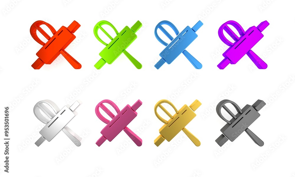 Obraz premium Colorful Kitchen whisk and rolling pin icon isolated on white background. Cooking utensil, egg beater. Cutlery sign. Food mix symbol. Minimalism concept. 3D render illustration