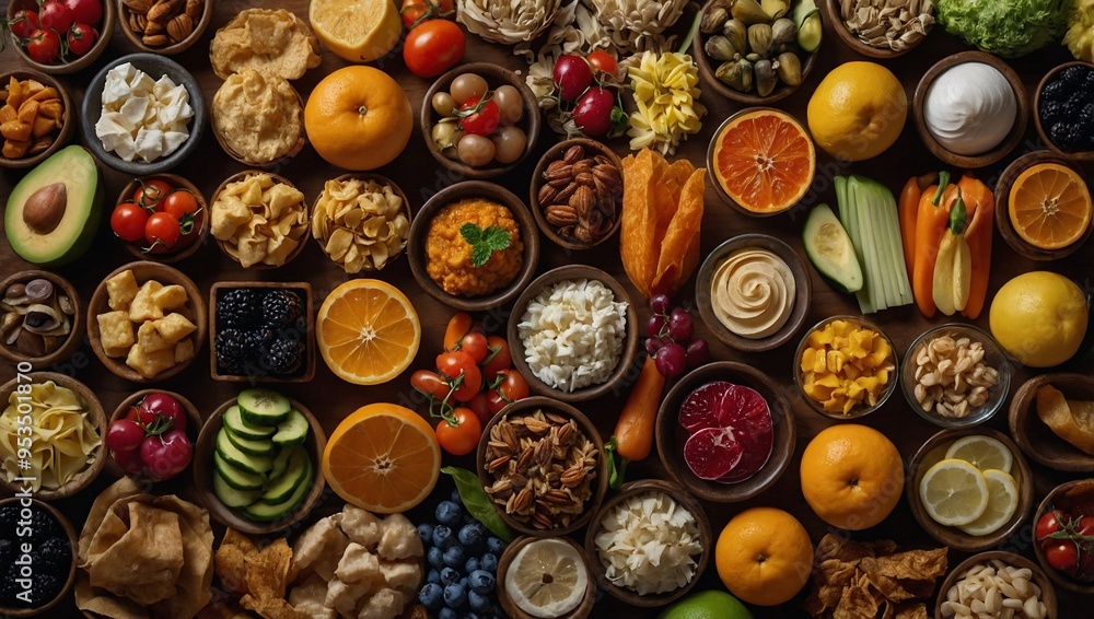 A diverse array of food textures artfully arranged on a natural surface, creating a visually appealing composition. A diverse array of food textures artfully arranged on a natural surface, creating a visually appealing composition.