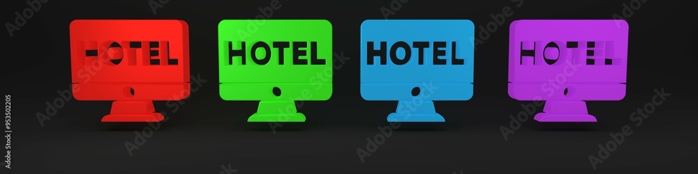 Colorful Online hotel booking icon isolated on black background. Online booking design concept for computer monitor. Minimalism concept. 3D render illustration Colorful Online hotel booking icon isolated on black background. Online booking design concept for computer monitor. Minimalism concept. 3D render illustration