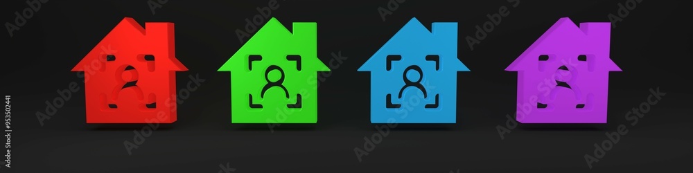 Colorful Smart home with face recognition icon isolated on black background. Face identification scanner icon. Facial id. Cyber security concept. Minimalism concept. 3D render illustration Colorful Smart home with face recognition icon isolated on black background. Face identification scanner icon. Facial id. Cyber security concept. Minimalism concept. 3D render illustration