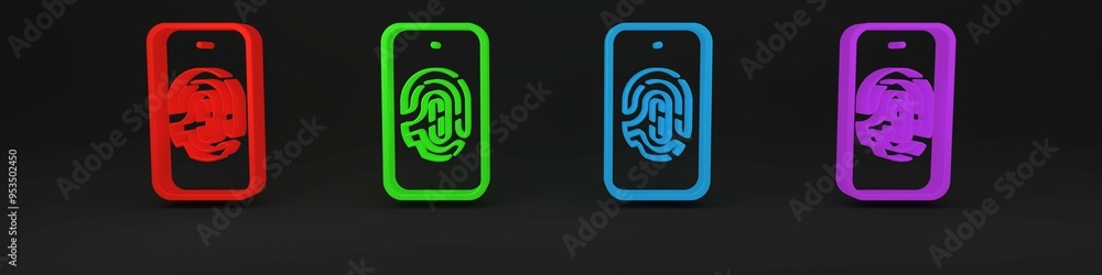 Colorful Smartphone with fingerprint scanner icon isolated on black background. Concept of security, personal access via finger on mobile. Minimalism concept. 3D render illustration