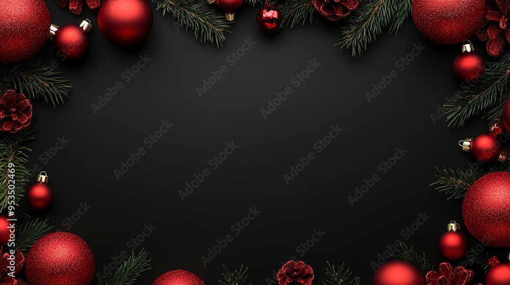 Christmas frame on black background with red christmas balls. Christmas frame on black background with red christmas balls.