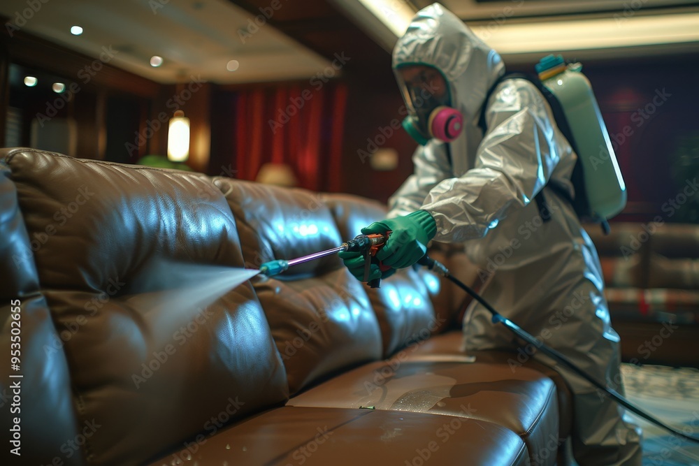 Pest Control Worker in Protective Suit Spraying Insect Poison in Residential Living Room