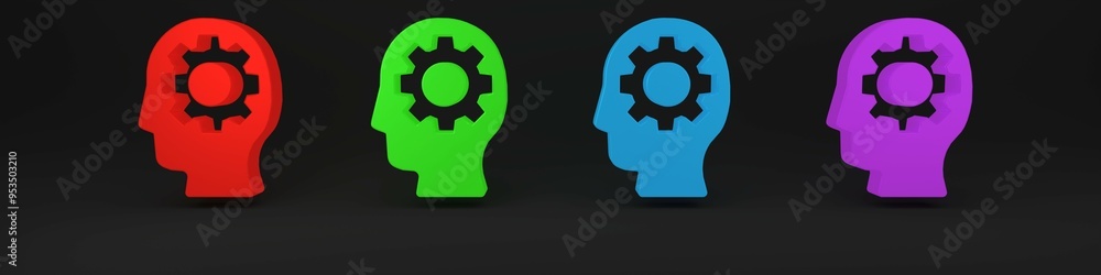 Colorful Human head with gear inside icon isolated on black background. Artificial intelligence. Thinking brain. Symbol work of brain. Minimalism concept. 3D render illustration Colorful Human head with gear inside icon isolated on black background. Artificial intelligence. Thinking brain. Symbol work of brain. Minimalism concept. 3D render illustration