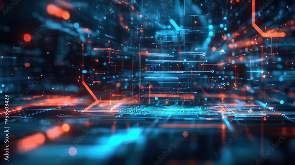 Futuristic technology background with glowing digital elements and circuit board in blue and orange tones, showcasing a high-tech scene. This 3D rendering represents a digital concept of big data visu Futuristic technology background with glowing digital elements and circuit board in blue and orange tones, showcasing a high-tech scene. This 3D rendering represents a digital concept of big data visu