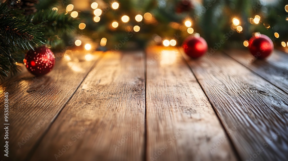 Empty wooden table with christmas theme in background Empty wooden table with christmas theme in background