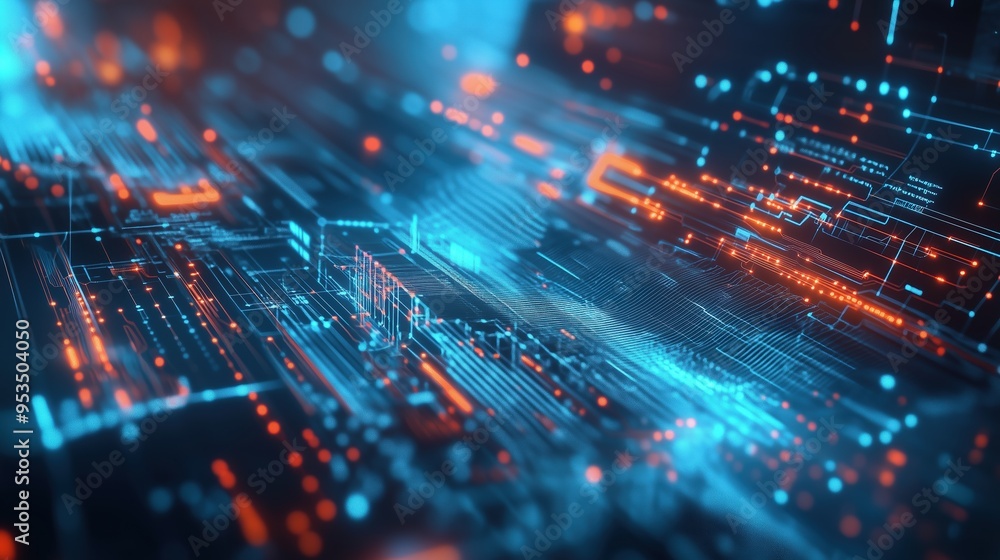 Futuristic technology background with glowing digital elements and circuit board in blue and orange tones, showcasing a high-tech scene. This 3D rendering represents a digital concept of big data visu Futuristic technology background with glowing digital elements and circuit board in blue and orange tones, showcasing a high-tech scene. This 3D rendering represents a digital concept of big data visu