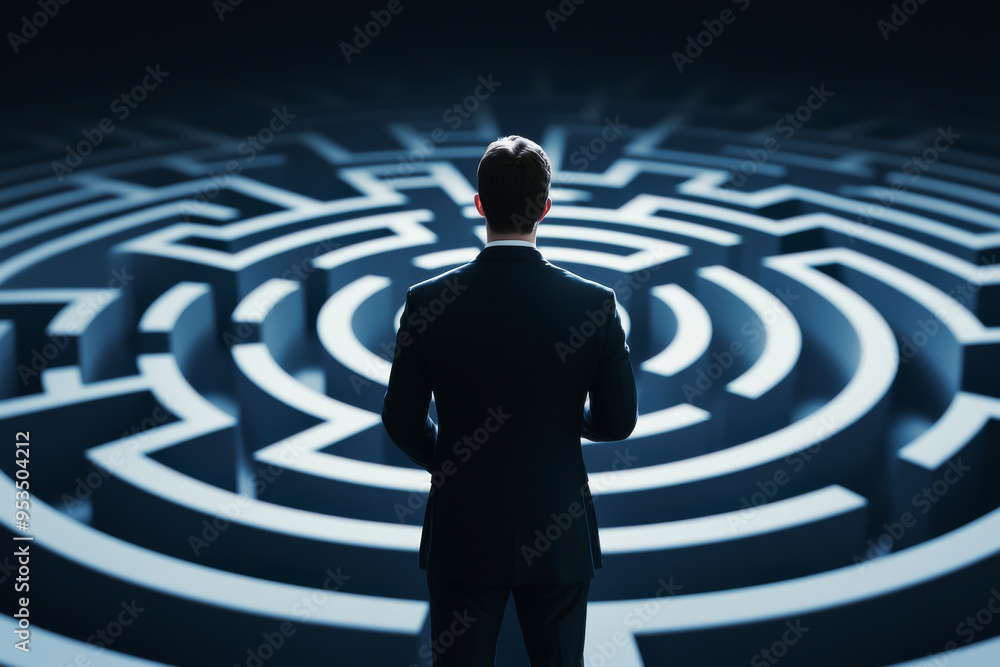 A businessman stands before a complex maze, symbolizing challenges and decision-making in corporate environments. A businessman stands before a complex maze, symbolizing challenges and decision-making in corporate environments.
