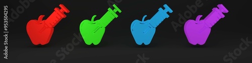 Colorful Genetically modified apple icon isolated on black background. GMO fruit. Syringe being injected to apple. Minimalism concept. 3D render illustration