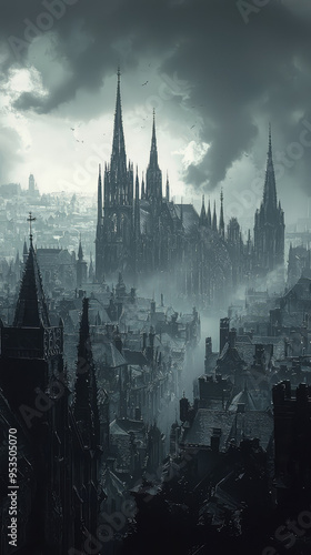 A City of Shadows: Gothic Spires Piercing a Stormy Sky