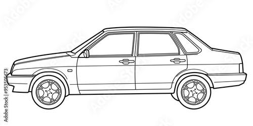 Classic city family class sedan car. 4 door car style from 90s on white background. Side view shot. Outline doodle vector illustration