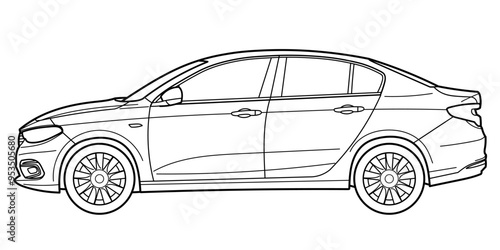 Classic city family class sedan car. 4 door car, modern style on white background. Side view shot. Outline doodle vector illustration
