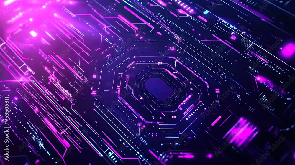Black, fuchsia, and purple futuristic flyer design featuring digital technology and modern tech themes Black, fuchsia, and purple futuristic flyer design featuring digital technology and modern tech themes