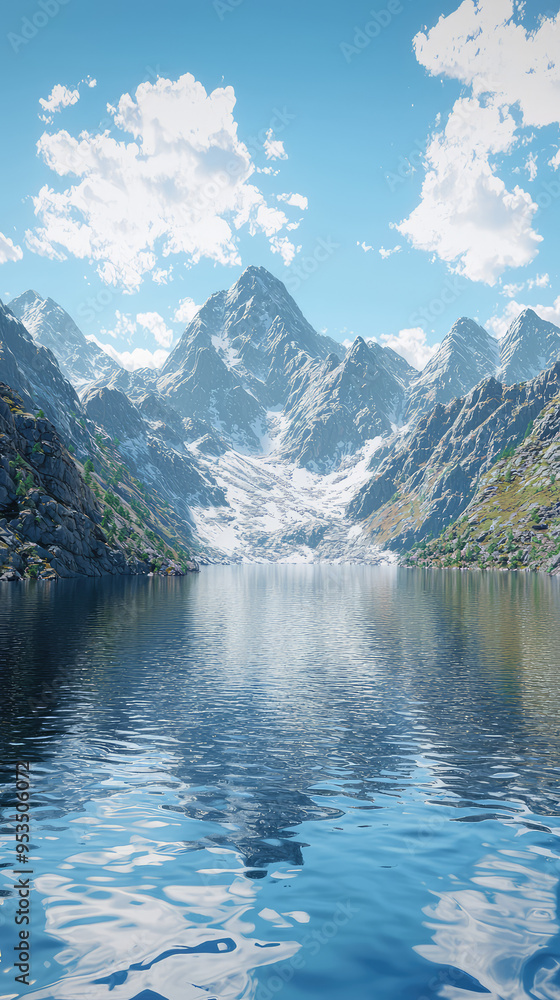 Fototapeta premium Tranquil Mountain Lake Reflects Sky, Creating a Serene, Dreamlike Scene.