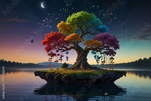 A Colossal Tree with Butterfly Leaves Grows from a Floating Island Above a Calm Lake Reflecting a Sky Filled with Multiple Moons photo