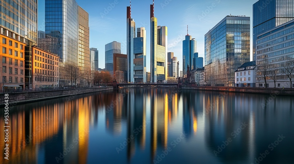 Fototapeta premium The gleaming skyscrapers and mirrored high rises of the international banks and finance corporations in the downtown Bankenviertel district of Frankfurt am Main, Germany.