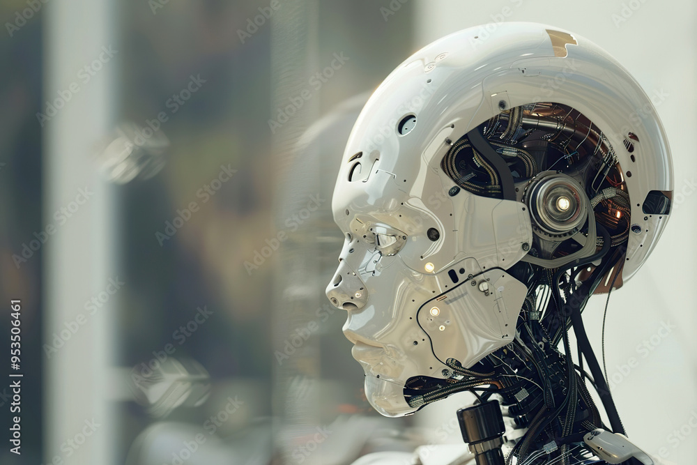 Fototapeta premium A robot with a face and a mouth is standing in front of a building,