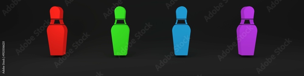 Colorful Bowling pin icon isolated on black background. Minimalism concept. 3D render illustration Colorful Bowling pin icon isolated on black background. Minimalism concept. 3D render illustration