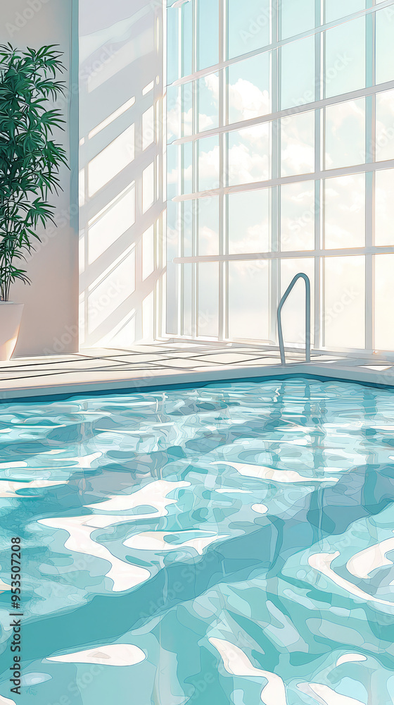 Obraz premium A Tranquil Escape: A Modern Poolside Oasis with Sunlight Streaming Through Large Windows