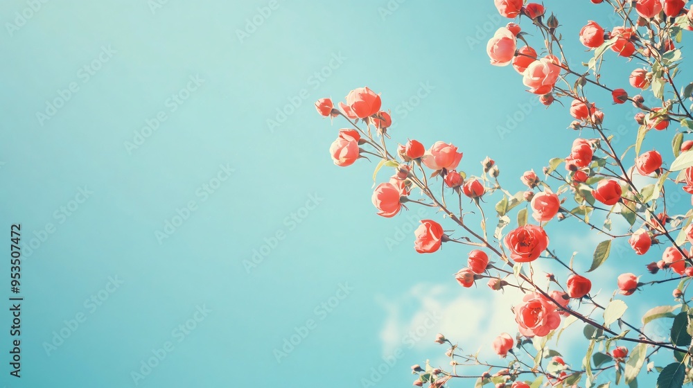 rose bush flowers blooming on a blue background. Flowering rose hips against blue sky rose bush flowers blooming on a blue background. Flowering rose hips against blue sky