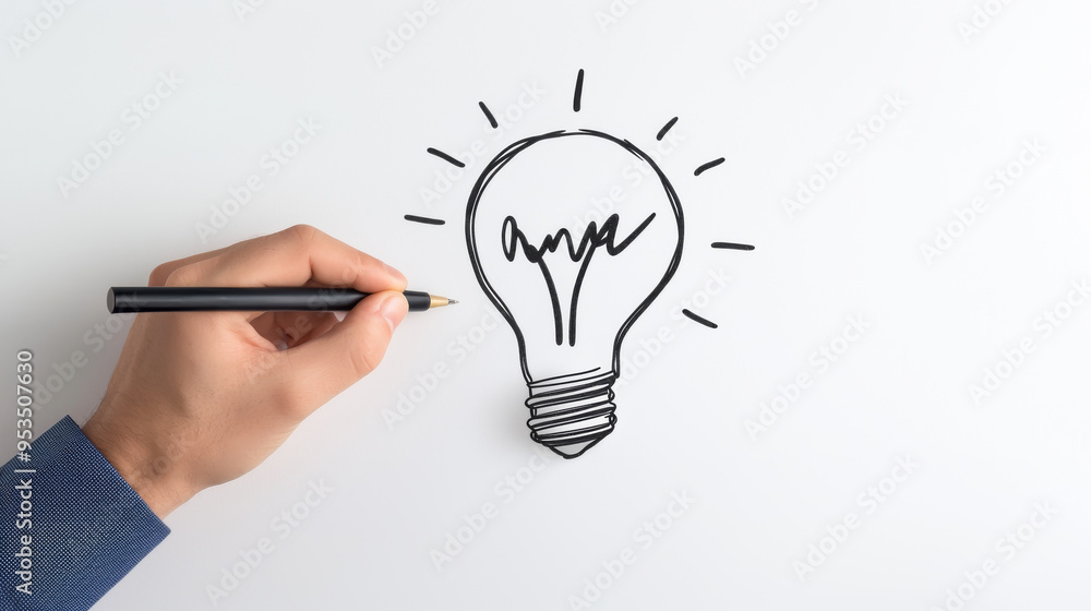 A hand drawing a light bulb illustration on a white background, symbolizing ideas and creativity. A hand drawing a light bulb illustration on a white background, symbolizing ideas and creativity.