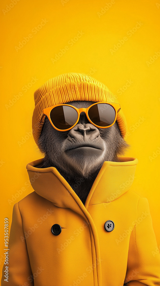 illustration of anthropomorphic cute gorilla wearing stylish yellow jacket and sunglasses against yellow background. illustration of anthropomorphic cute gorilla wearing stylish yellow jacket and sunglasses against yellow background.