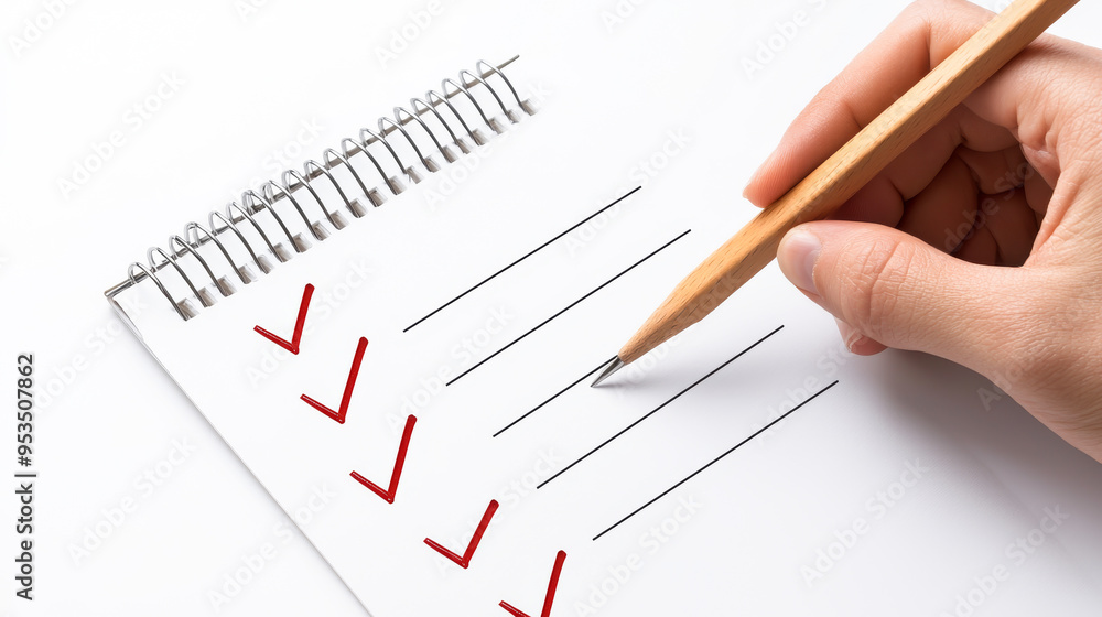 A hand holding a pencil checks items on a list in a notebook, symbolizing productivity and organization. A hand holding a pencil checks items on a list in a notebook, symbolizing productivity and organization.