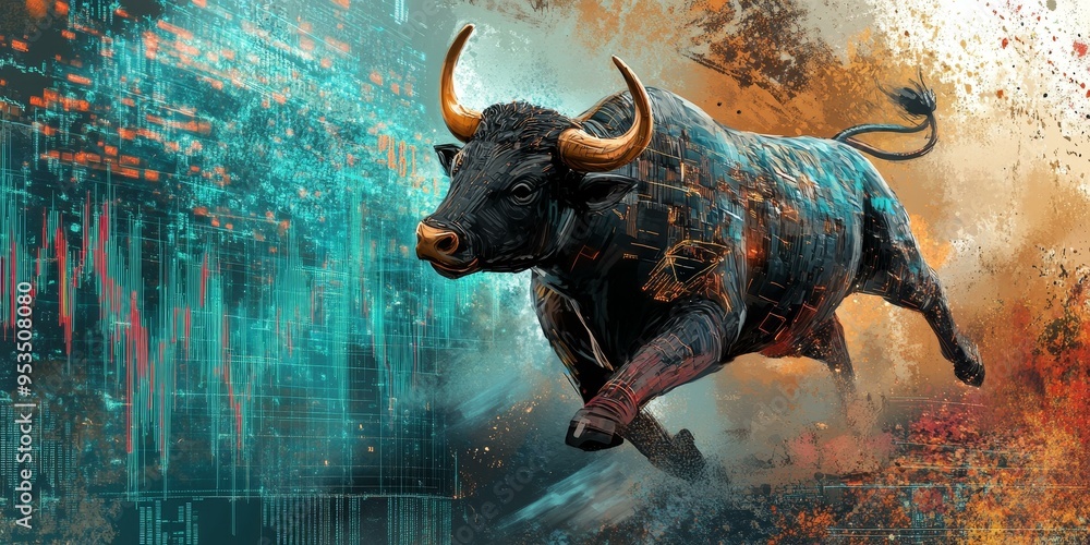 Obraz premium A digital bull charging against a stock market chart.
