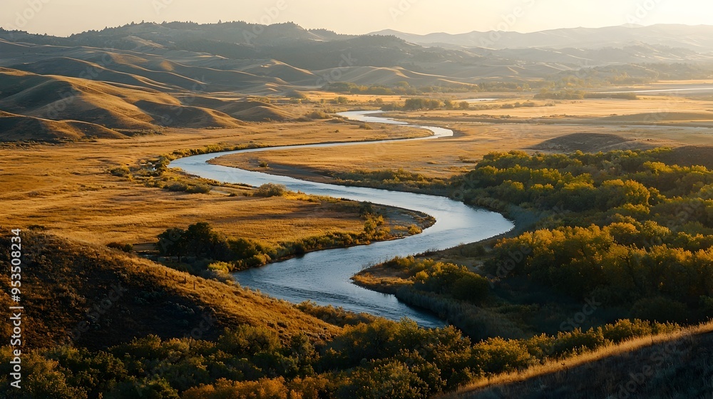 Fototapeta premium Elevated Viewpoint Overlooking Rolling Hills and Winding River Bathed in Golden Sunlight