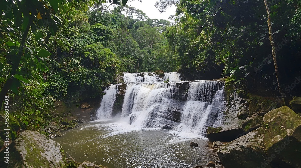 Fototapeta premium Breathtaking Aerial Perspective of Cascading Waterfall Amid Lush Tropical Greenery