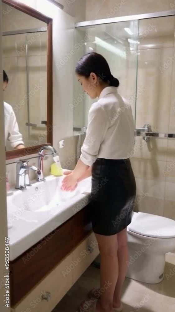 Asian woman washing hands in the bathroom Asian woman washing hands in the bathroom