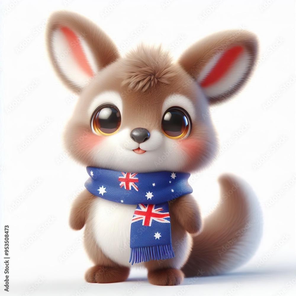 cute 3d fluffy Kangaroo character with Australia style scarf, white background cute 3d fluffy Kangaroo character with Australia style scarf, white background