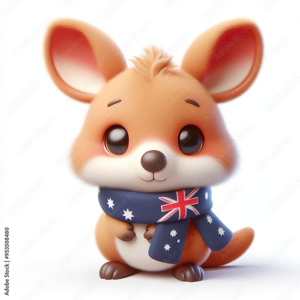 Fototapeta premium cute 3d fluffy Kangaroo character with Australia style scarf, white background