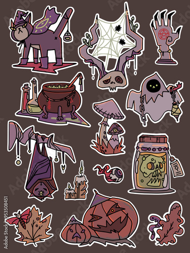 Scary cute halloween sticker collection. Hand-drawn vector illustration set with pumpkins, ghost, spiderweb, black cat. Symbolic halloween stickers. 